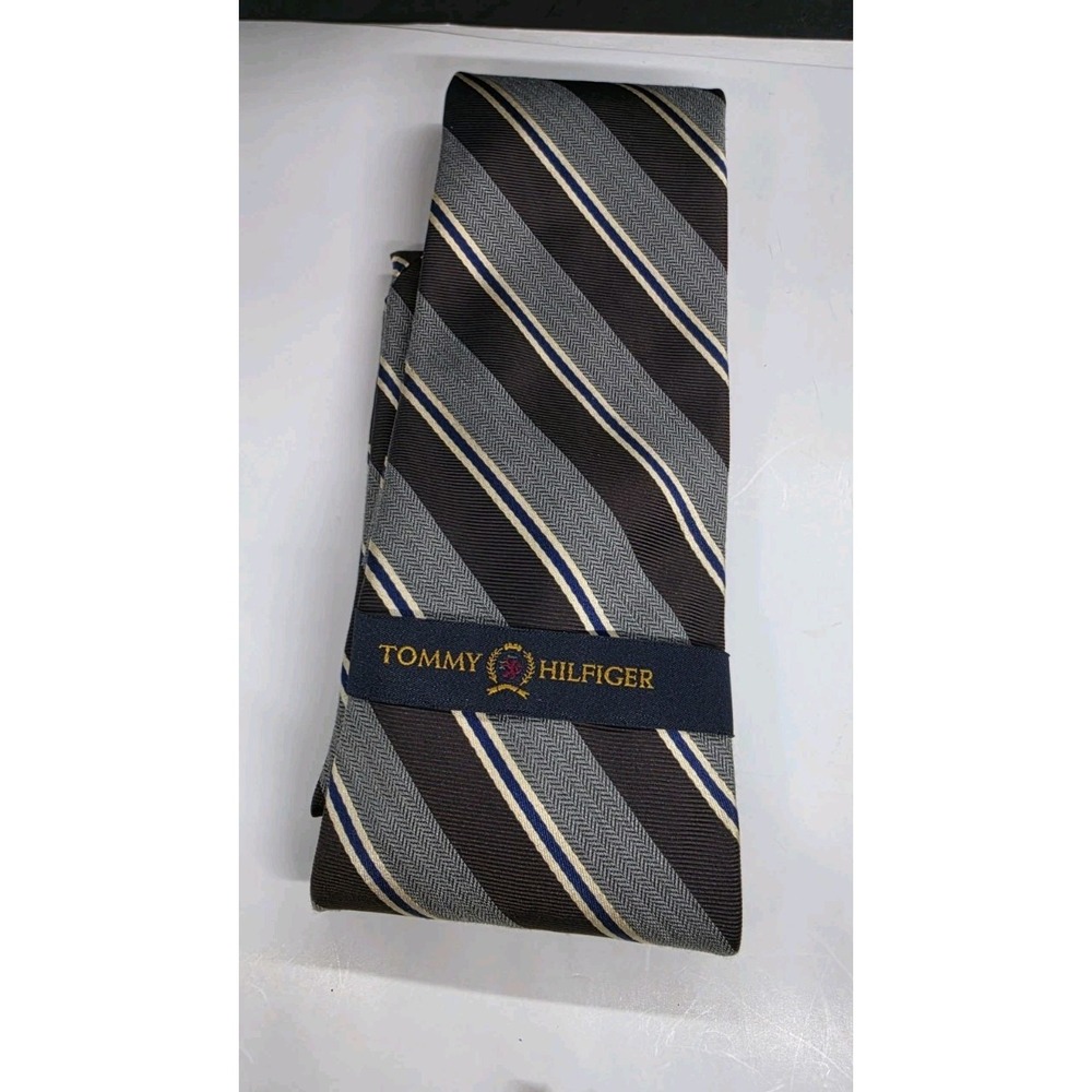 Tommy Hilfiger Brown Gray Stripe Men's Dress 100% Silk Tie Necktie New With Tag